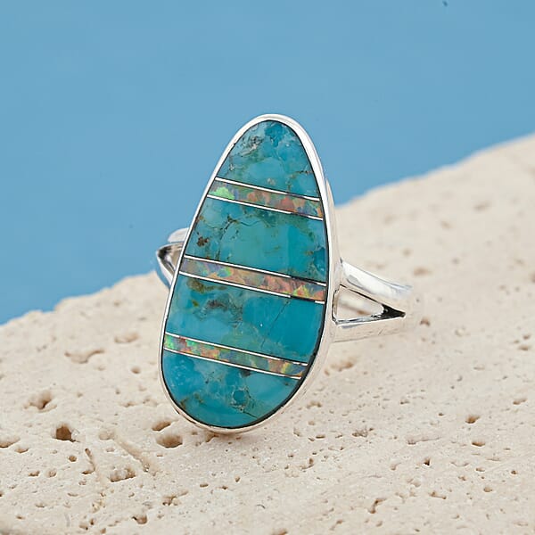 Santa Fe Style Kingman Turquoise And Opal 5.50 Ctw Ring In Sterling Silver