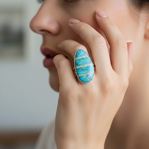 Santa Fe Style Kingman Turquoise And Opal 5.50 Ctw Ring In Sterling Silver