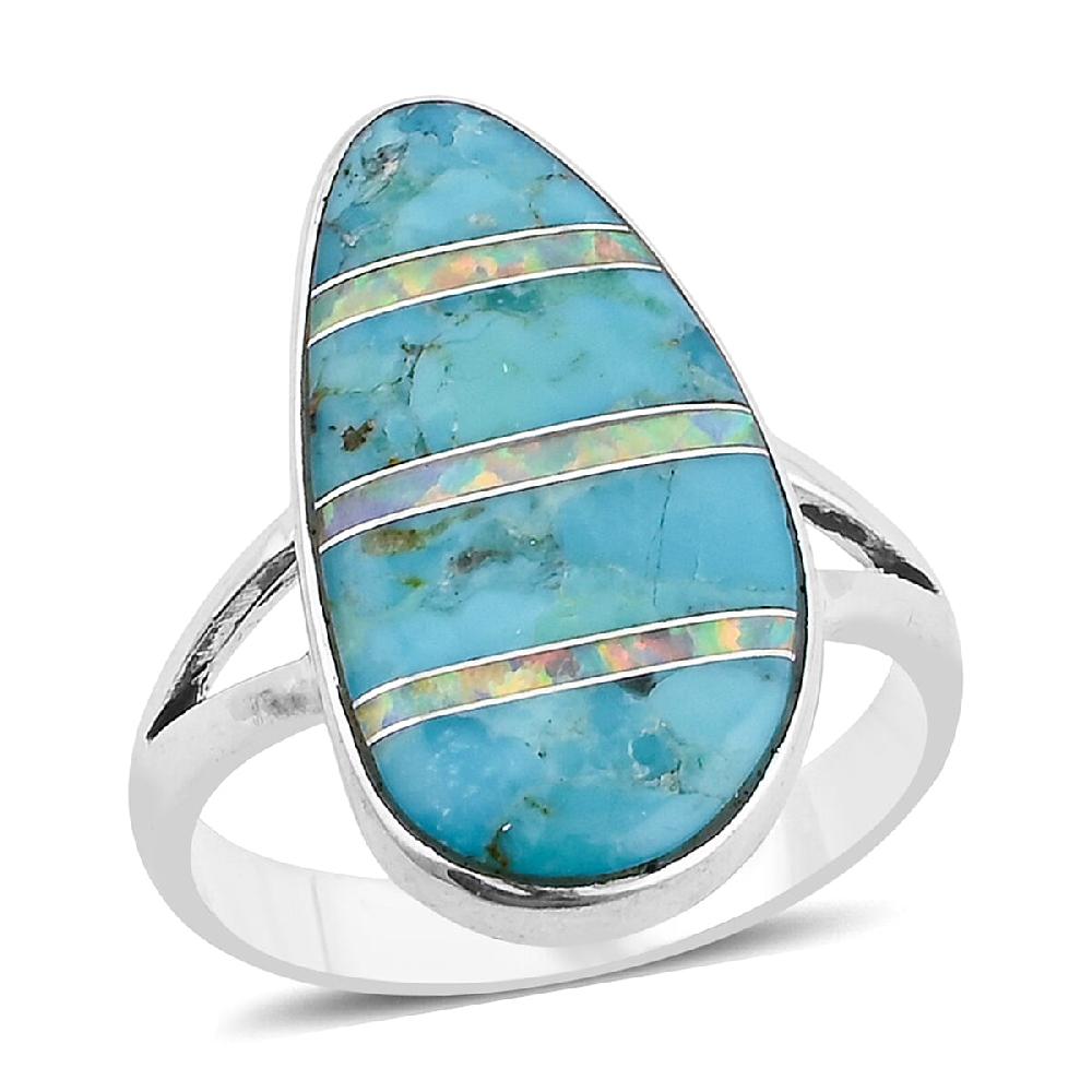 Santa Fe Style Kingman Turquoise and Opal 5.50 ctw Ring in Sterling Silver