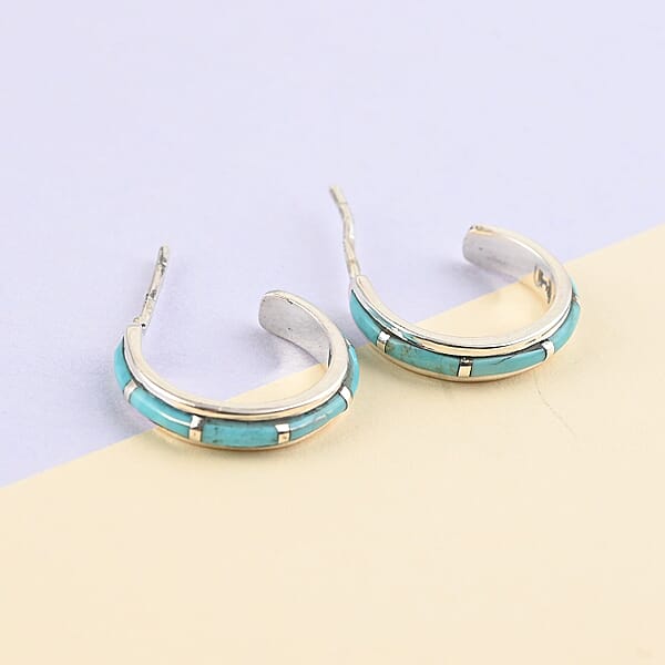 Santa Fe Style Kingman Turquoise J-Hoop Earrings For Women In Sterling Silver Boho Western Jewelry 2.25 Ctw