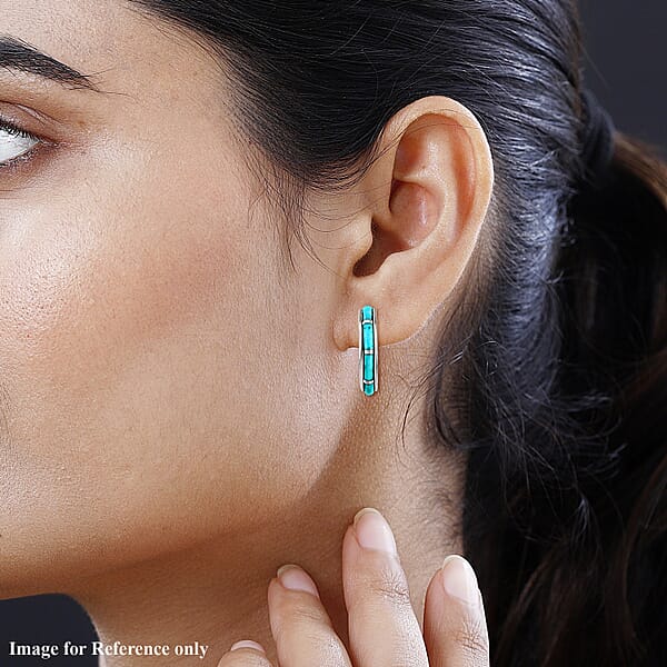 Santa Fe Style Kingman Turquoise J-Hoop Earrings For Women In Sterling Silver Boho Western Jewelry 2.25 Ctw