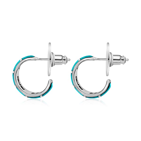 Santa Fe Style Kingman Turquoise J-Hoop Earrings For Women In Sterling Silver Boho Western Jewelry 2.25 Ctw