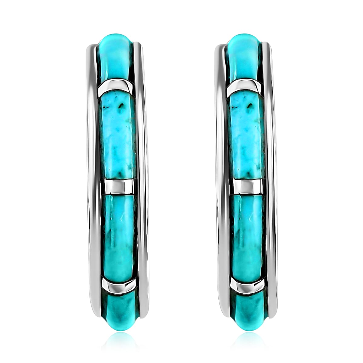 Santa Fe Style Kingman Turquoise J-Hoop Earrings for Women in Sterling Silver Boho Western Jewelry 2.25 ctw