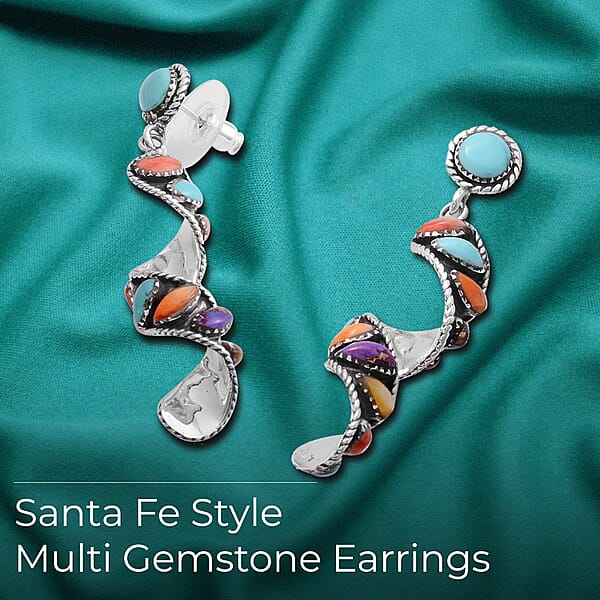 Santa Fe Style Multi Gemstone Earrings Swirl Earrings Twisted Drop Earrings Sterling Silver Earrings 2.25 Ctw