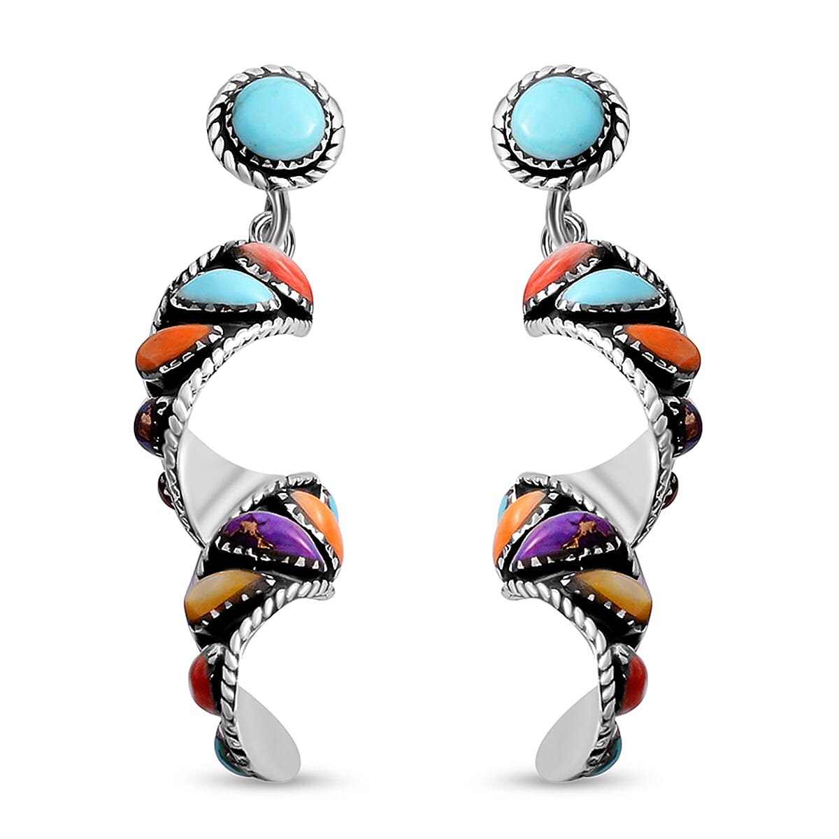 Santa Fe Style Multi Gemstone Earrings Swirl Earrings Twisted Drop Earrings Sterling Silver Earrings 2.25 Ctw