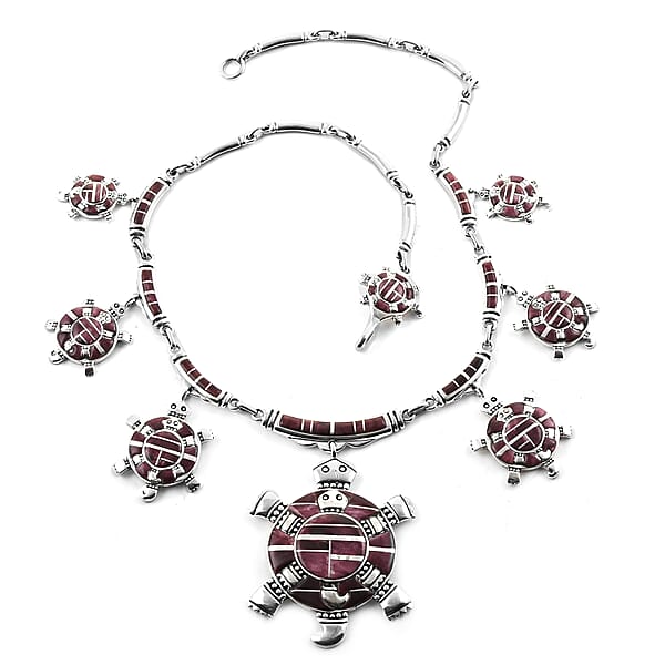 Santa Fe Style Purple Spiny Oyster Shell Turtle Earrings Ring Size 8 Bracelet 8.00 In And Necklace 24 Inches In Sterling Silver