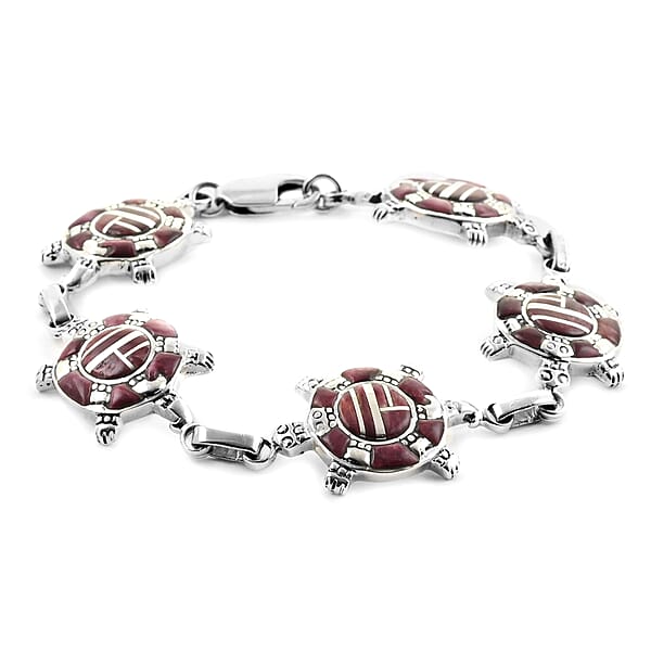 Santa Fe Style Purple Spiny Oyster Shell Turtle Earrings Ring Size 8 Bracelet 8.00 In And Necklace 24 Inches In Sterling Silver