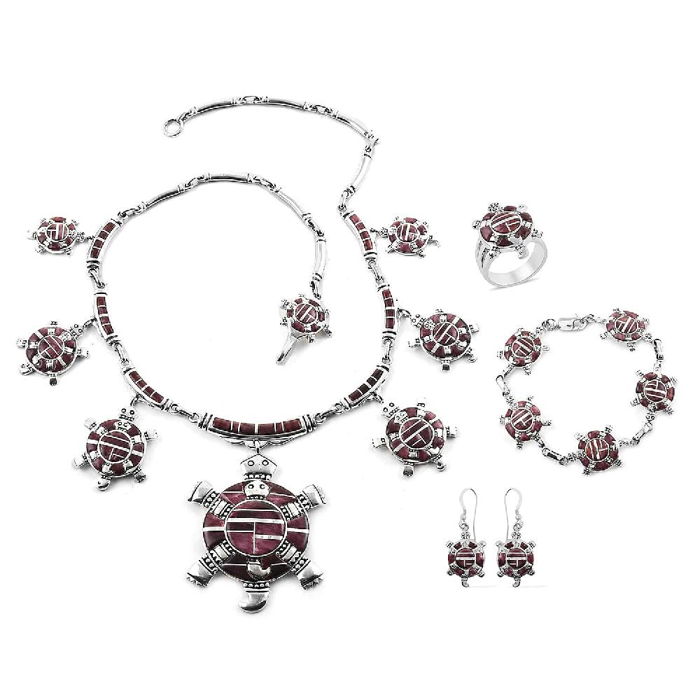 Santa Fe Style Purple Spiny Oyster Shell Turtle Earrings Ring Size 8 Bracelet 8.00 In and Necklace 24 Inches in Sterling Silver
