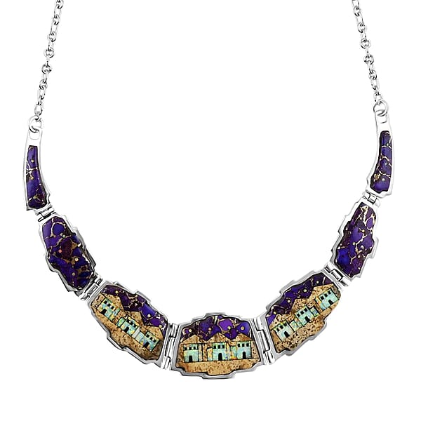 Santa Fe Style Purple Turquoise And Multi Gemstone Necklace 18-20 Inches And Earrings In Sterling Silver 45.75 Ctw