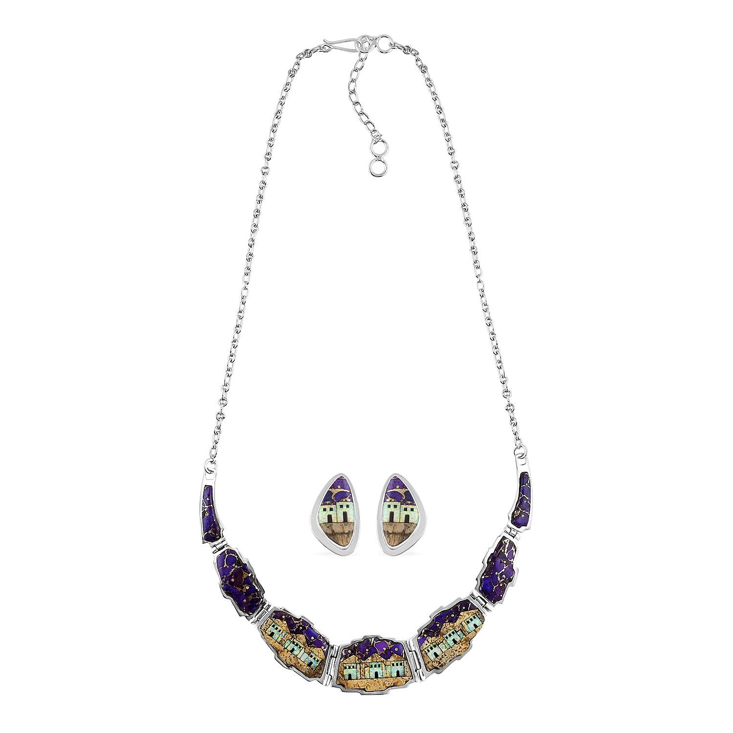 Santa Fe Style Purple Turquoise and Multi Gemstone Necklace 18-20 Inches and Earrings in Sterling Silver 45.75 ctw