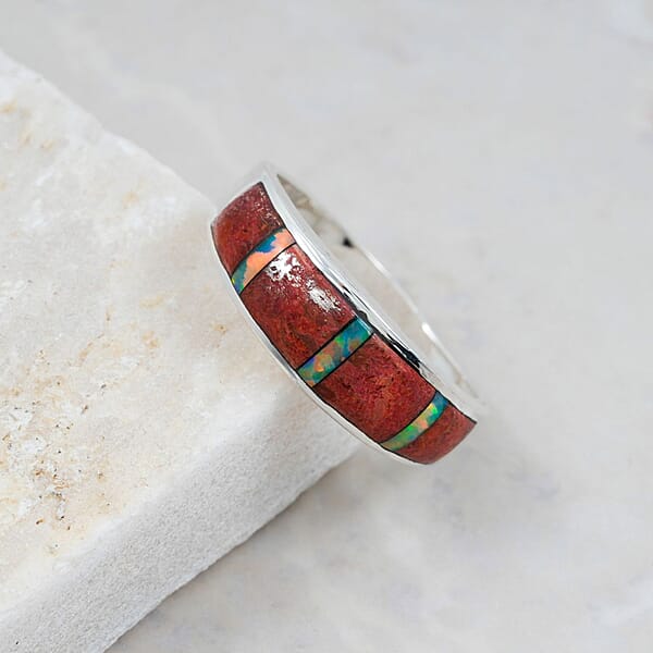 Santa Fe Style Red Coral And Abalone Shell Ring In Sterling Silver 0.90 Ctw