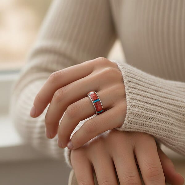 Santa Fe Style Red Coral And Abalone Shell Ring In Sterling Silver 0.90 Ctw
