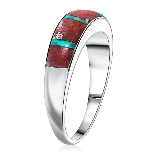 Santa Fe Style Red Coral And Abalone Shell Ring In Sterling Silver 0.90 Ctw