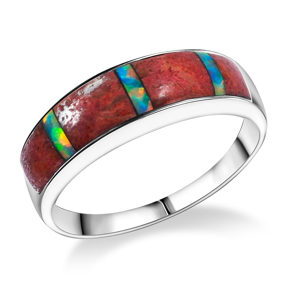 Santa Fe Style Red Coral and Abalone Shell Ring in Sterling Silver 0.90 ctw