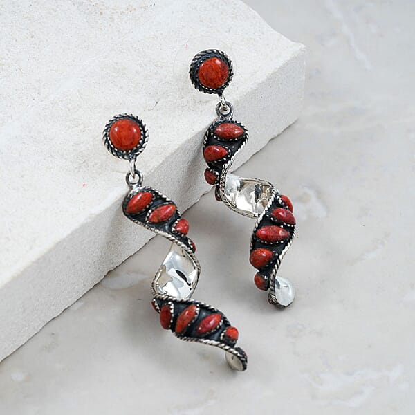 Santa Fe Style Red Coral Earrings In Sterling Silver
