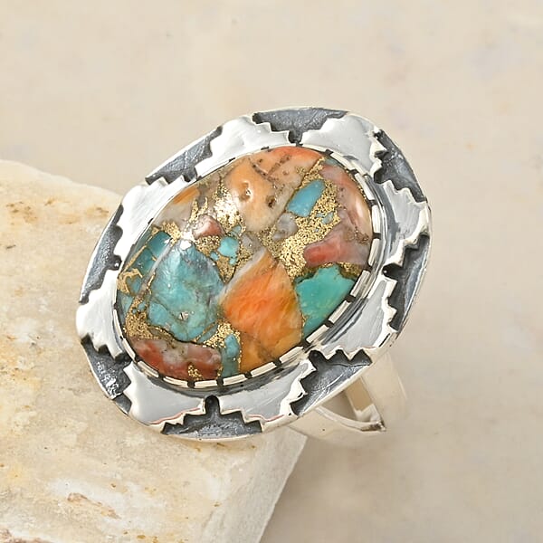 Santa Fe Style Spiny Turquoise 10.00 Ctw Ring In Sterling Silver (Size 10.0)