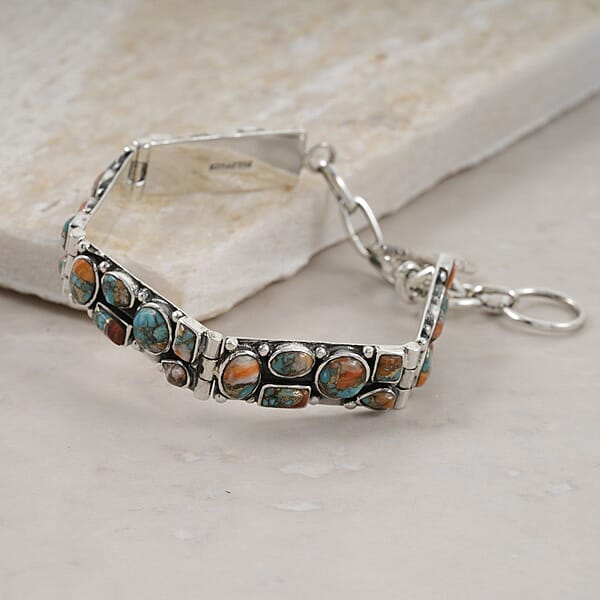 Santa Fe Style Spiny Turquoise 37.50 Ctw Mosaic Legacy Bracelet In Sterling Silver (6.50-7.50In)