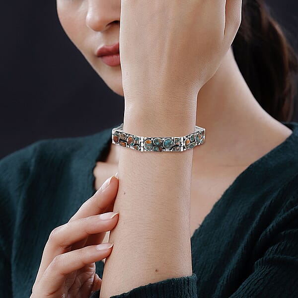 Santa Fe Style Spiny Turquoise 37.50 Ctw Mosaic Legacy Bracelet In Sterling Silver (6.50-7.50In)