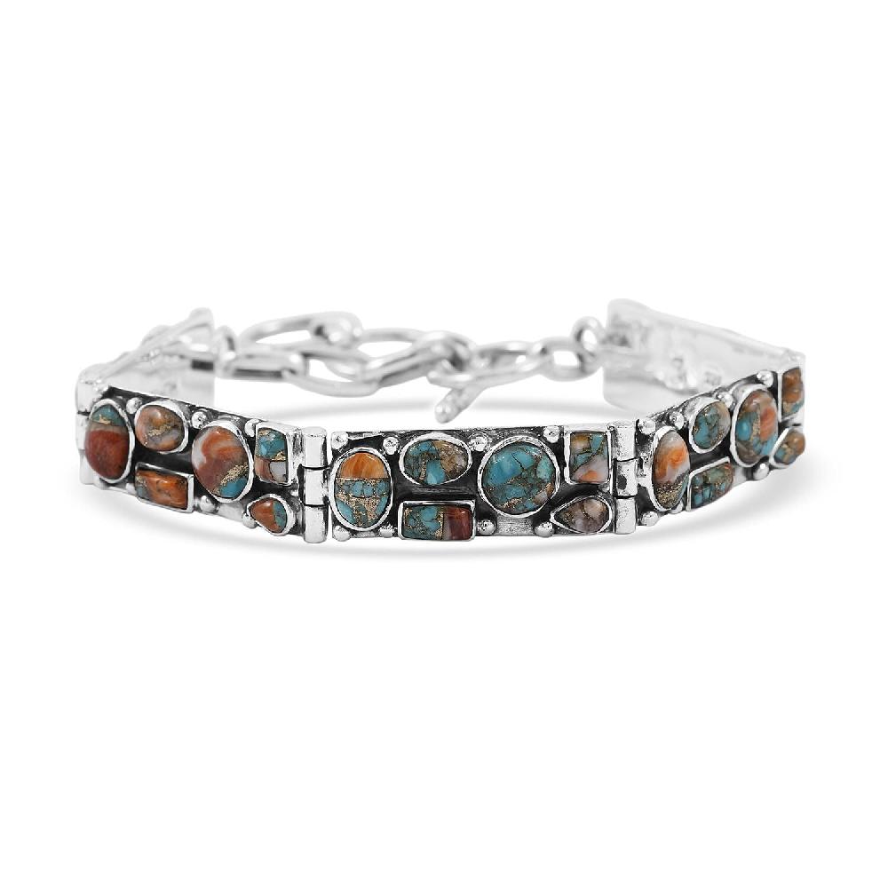 Santa Fe Style Spiny Turquoise 37.50 ctw Mosaic Legacy Bracelet in Sterling Silver (6.50-7.50In)