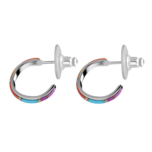 Santa Fe Style Turquoise J-Hoop Earrings For Women In Sterling Silver Boho Western Jewelry