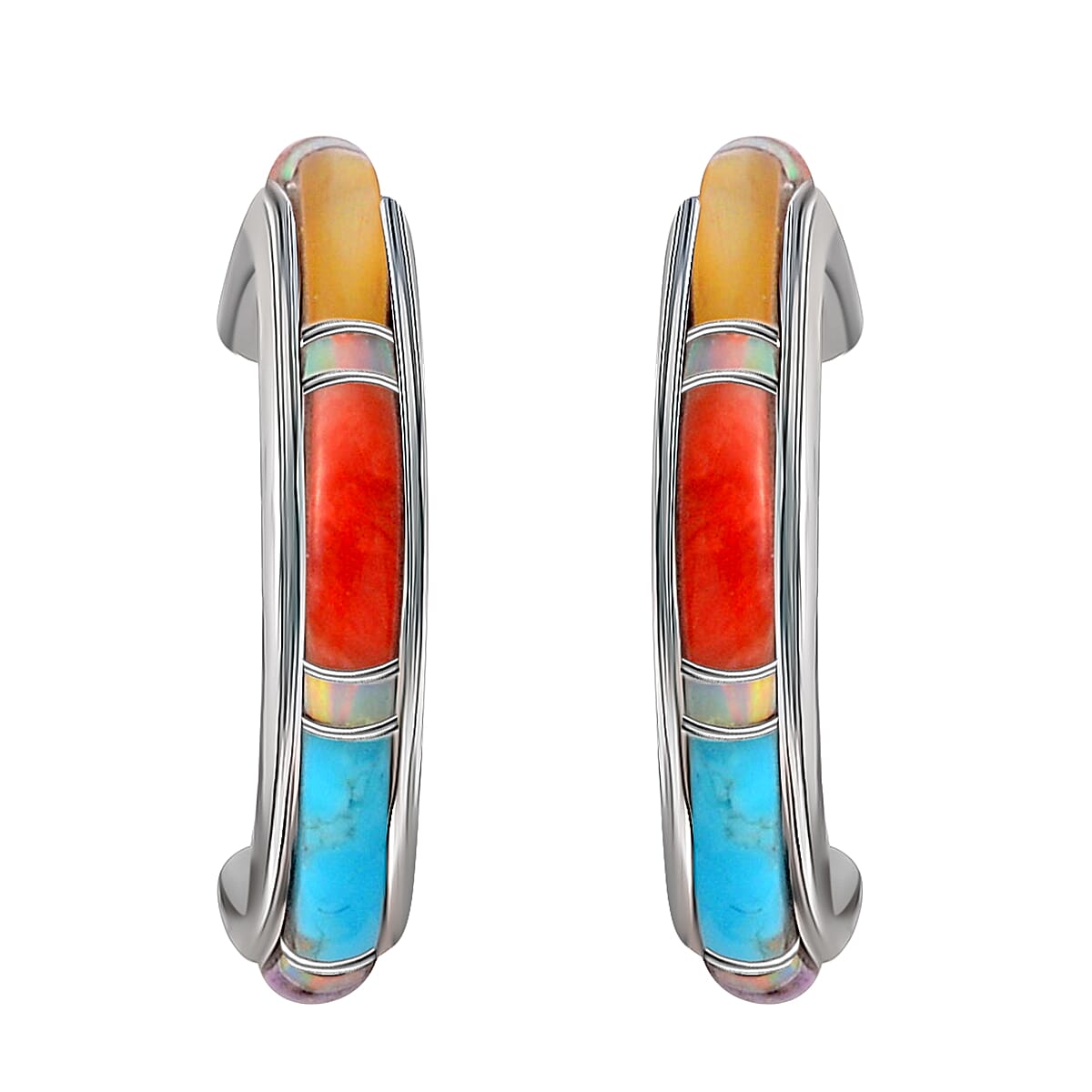 Santa Fe Style Turquoise J-Hoop Earrings for Women in Sterling Silver Boho Western Jewelry