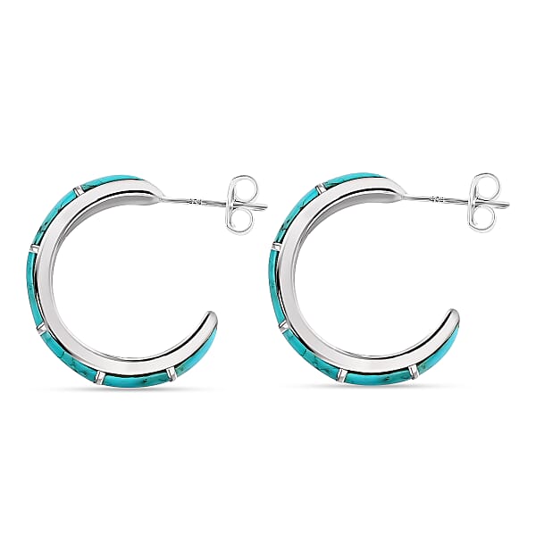 Santa Fe Style Turquoise J-Hoop Earrings In Sterling Silver 2.50 Ctw