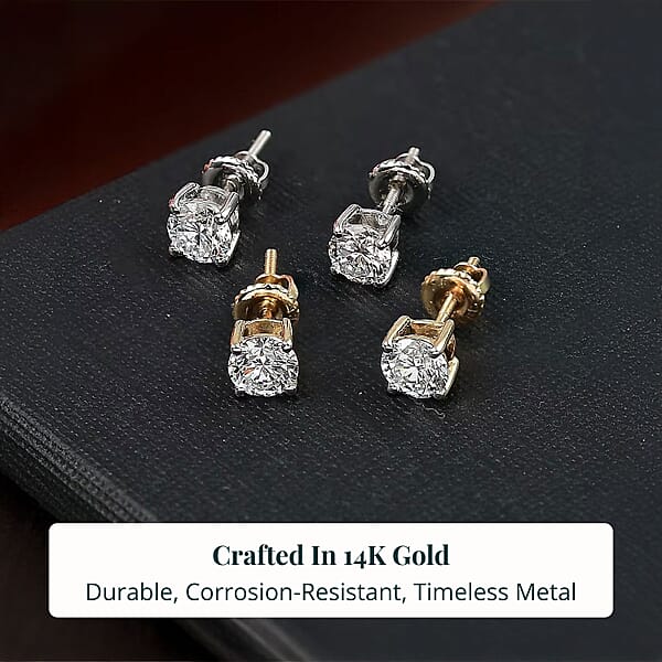 Set Of 2 14K Yellow And White Gold Luxuriant Lab Grown Diamond (G SI1) Solitaire Stud Earrings 2.00 Ctw (Del. In 10-12 Days)