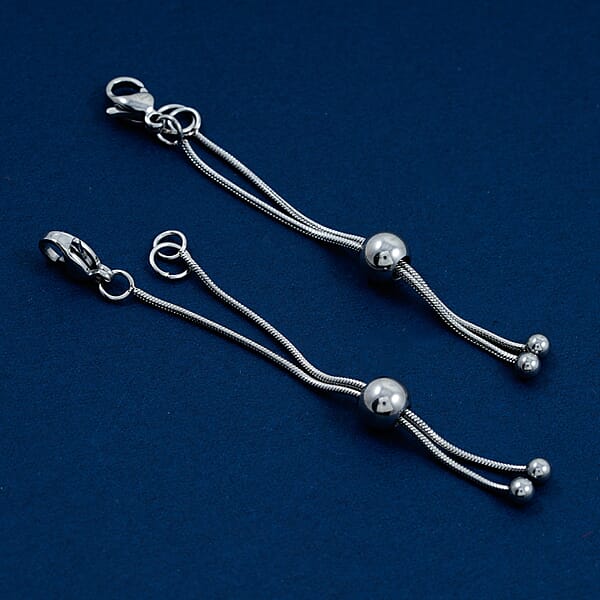 Set Of 2 9mm Lobster Lock With 2 Inch Snake Extender Chain 6mm Adjusting Beads In Rhodium Over Stainless Steel