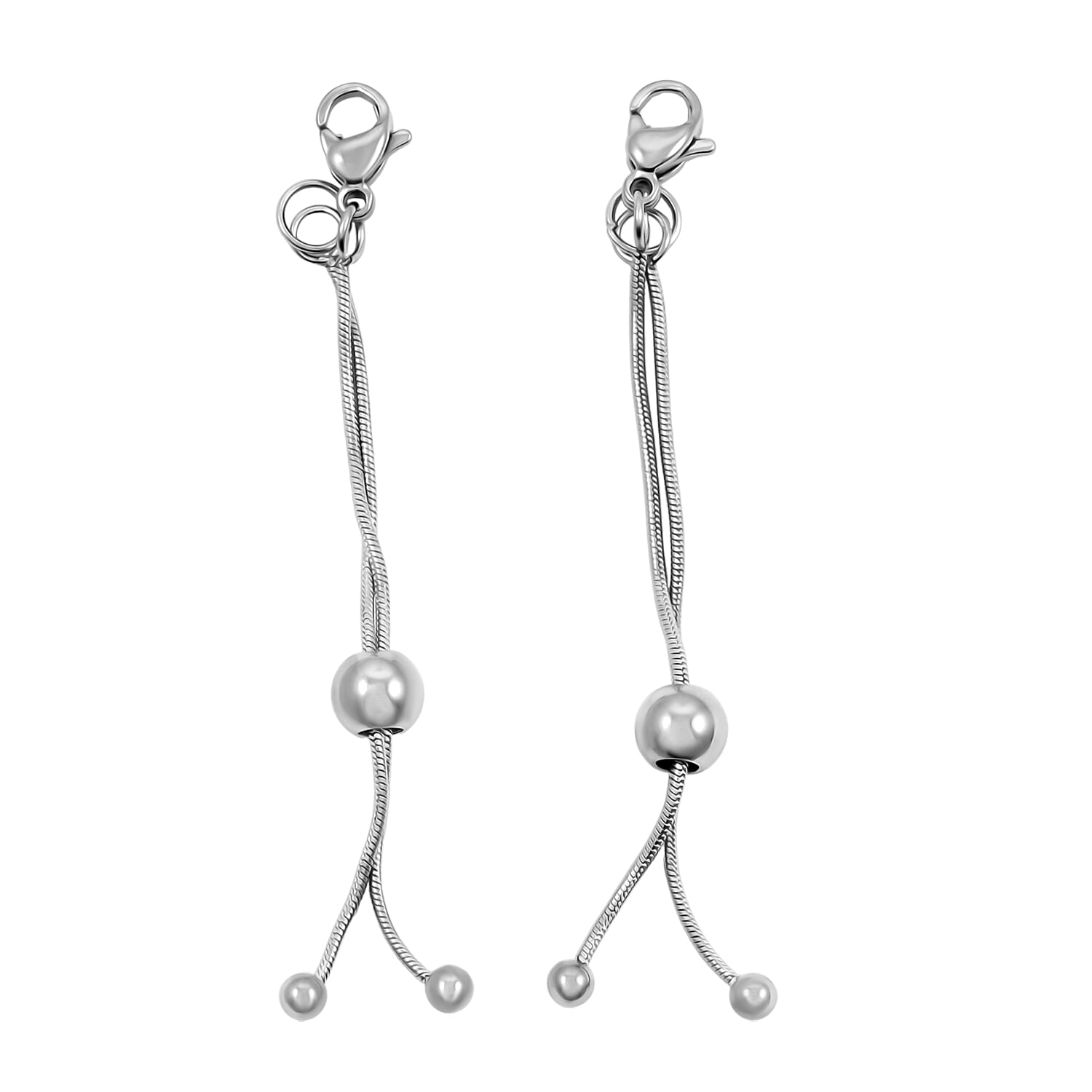 Set of 2 9mm Lobster Lock with 2 Inch Snake Extender Chain 6mm Adjusting Beads in Rhodium Over Stainless Steel