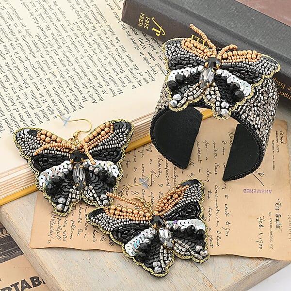 Set Of 2 Black Seed Beaded Butterfly Cuff Bracelet And Earrings In Goldtone