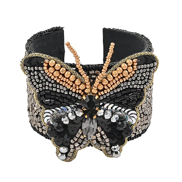 Set Of 2 Black Seed Beaded Butterfly Cuff Bracelet And Earrings In Goldtone