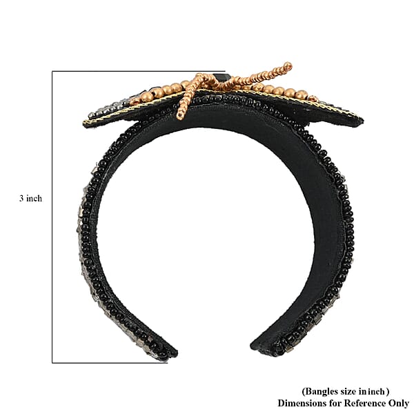 Set Of 2 Black Seed Beaded Butterfly Cuff Bracelet And Earrings In Goldtone