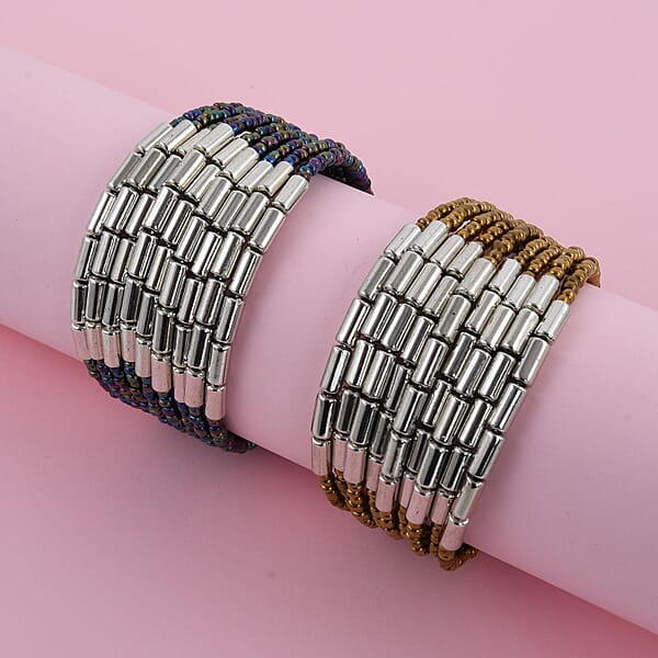 Set Of 2 Blue And Golden Seed Beaded Cuff Bracelet (Adjustable)