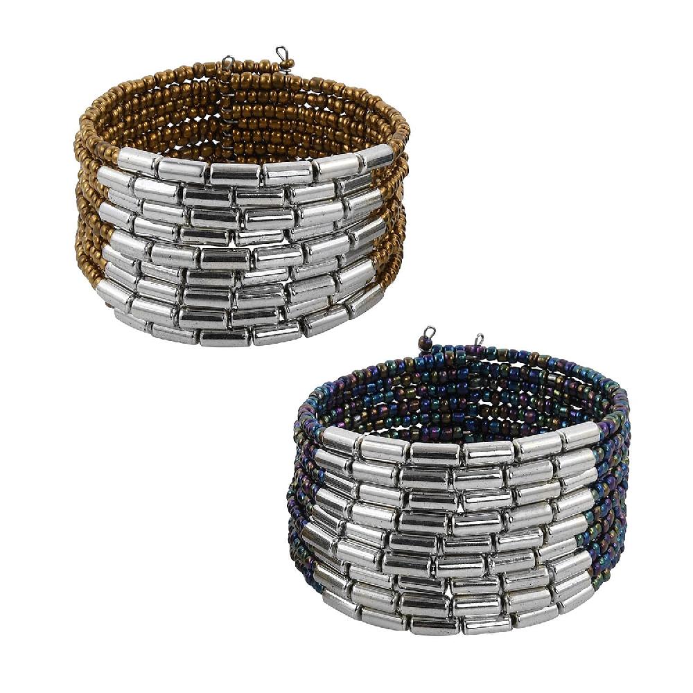 Set of 2 Blue and Golden Seed Beaded Cuff Bracelet (Adjustable)