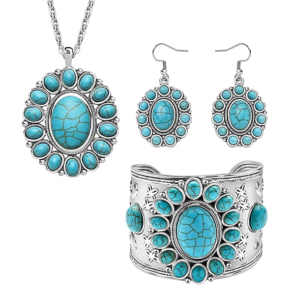 Set Of 2 Blue And Pink Howlite Floral Cuff Bracelet (7.50-8.50 In) Earrings And Pendant Necklace 26-30 Inches In Silvertone 275.00 Ctw