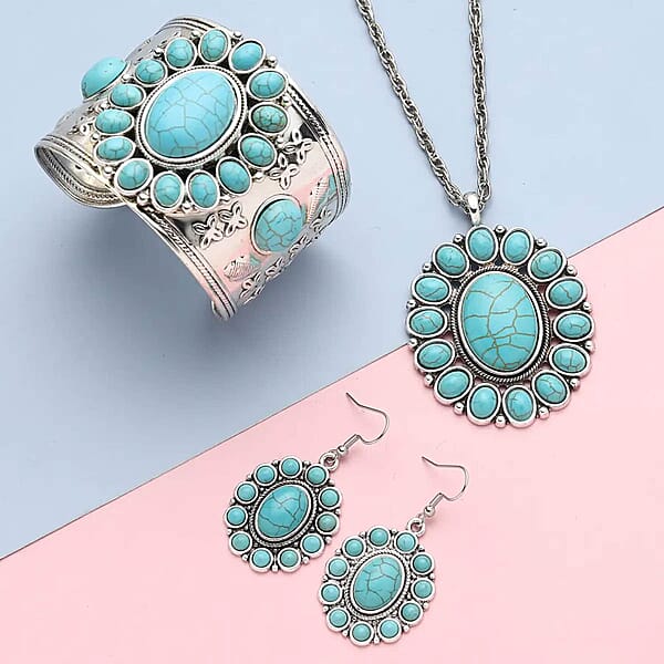 Set Of 2 Blue And Pink Howlite Floral Cuff Bracelet (7.50-8.50 In) Earrings And Pendant Necklace 26-30 Inches In Silvertone 275.00 Ctw