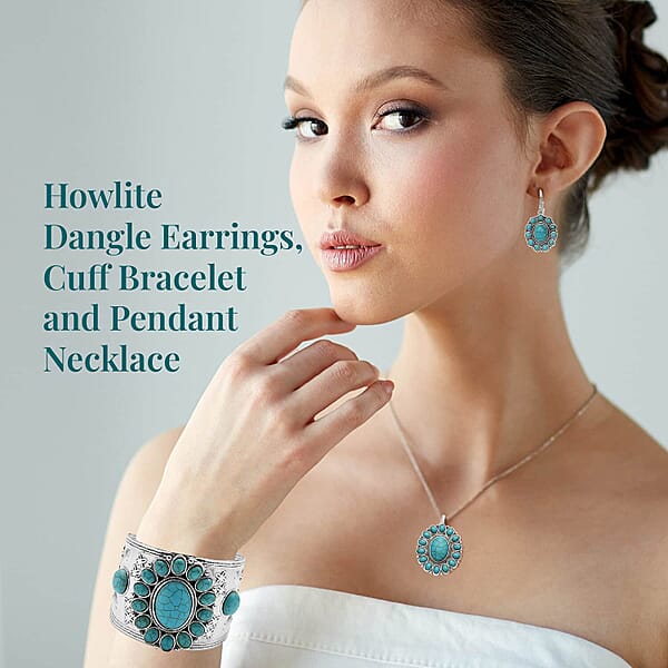 Set Of 2 Blue And Pink Howlite Floral Cuff Bracelet (7.50-8.50 In) Earrings And Pendant Necklace 26-30 Inches In Silvertone 275.00 Ctw