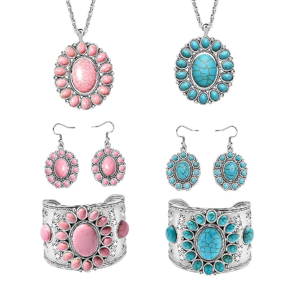 Set of 2 Blue and Pink Howlite Floral Cuff Bracelet (7.50-8.50 In) Earrings and Pendant Necklace 26-30 Inches in Silvertone 275.00 ctw