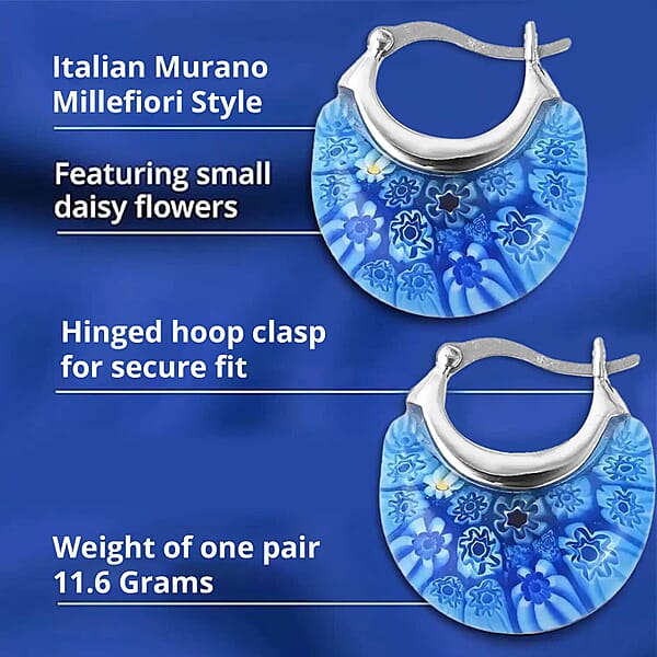 Set Of 2 Blue Murano Style Basket Earrings In Stainless Steel
