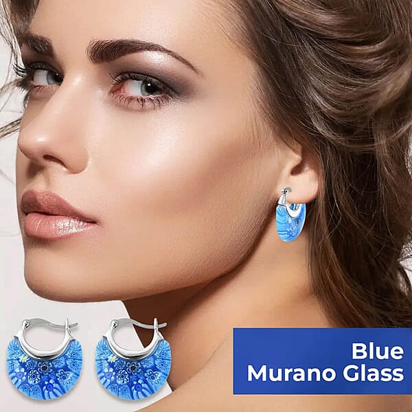 Set Of 2 Blue Murano Style Basket Earrings In Stainless Steel
