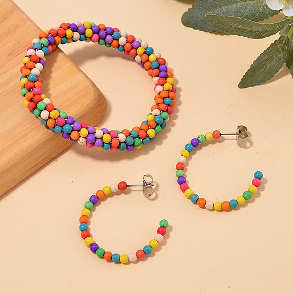 Set Of 2 Constituted Multi Color Howlite 116.00 Ctw Beaded Woven Bracelet (6.5-7In) And Earrings In Stainless Steel