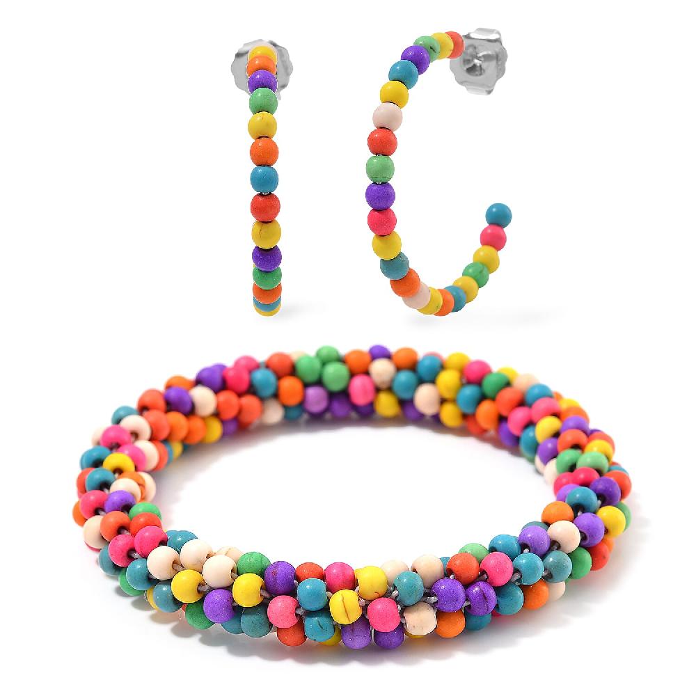 Set of 2 Constituted Multi Color Howlite 116.00 ctw Beaded Woven Bracelet (6.5-7In) and Earrings in Stainless Steel