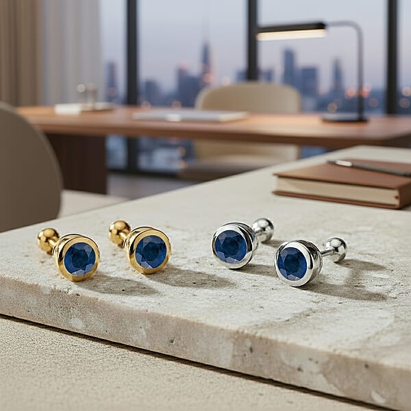 Set Of 2 - D'Joy Poke Free Ceylon Blue Sapphire 1.30 Ctw Stud Earrings In 18K Vermeil YG And Rhodium Over Sterling Silver