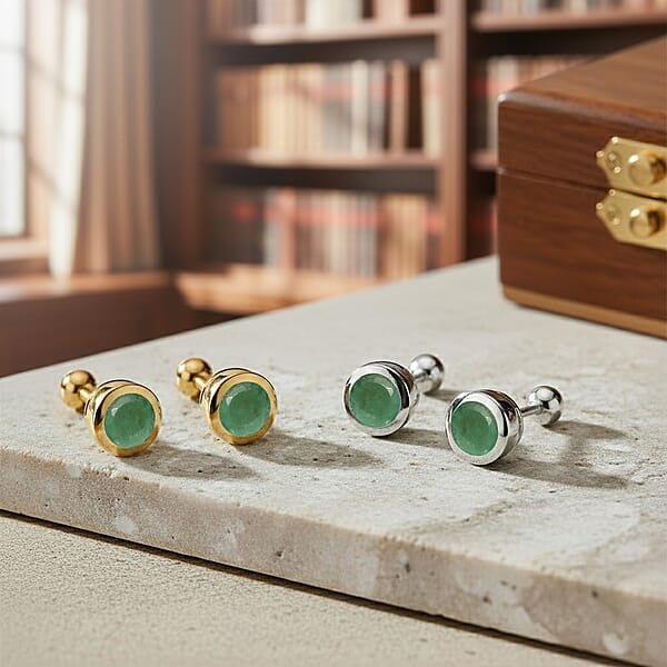 Set Of 2 - D'Joy Poke Free Kagem Zambian Emerald 1.00 Ctw Stud Earrings In 18K Vermeil YG And Rhodium Over Sterling Silver