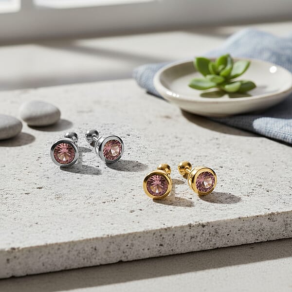 Set Of 2 - D'Joy Poke Free Morro Redondo Pink Tourmaline 1.10 Ctw Stud Earrings In 18K Vermeil YG And Rhodium Over Sterling Silver