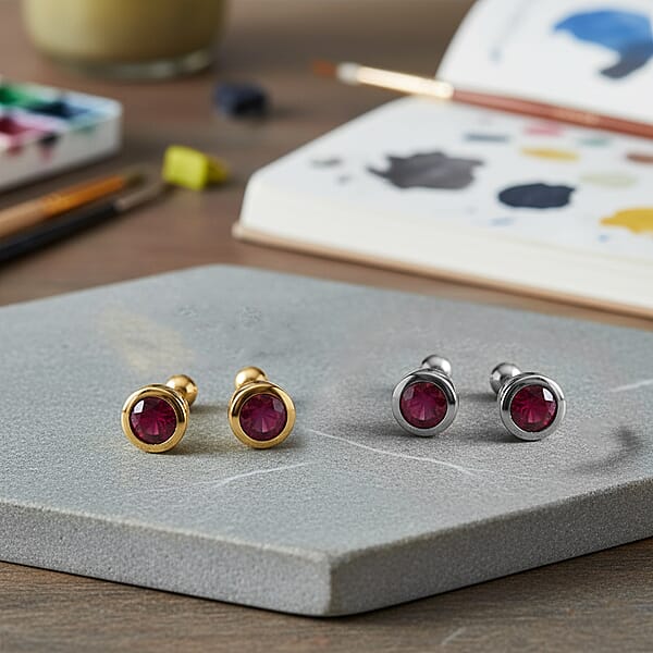 Set Of 2 - D'Joy Poke Free Niassa Ruby (FF) 1.68 Ctw Stud Earrings In 18K Vermeil YG And Rhodium Over Sterling Silver