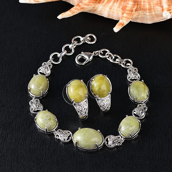 Set Of 2 Karis Connemara Marble And White Zircon 29.10 Ctw Hoop Earrings And Bracelet (7.25In) In Platinum Bond