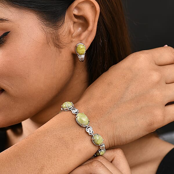 Set Of 2 Karis Connemara Marble And White Zircon 29.10 Ctw Hoop Earrings And Bracelet (7.25In) In Platinum Bond
