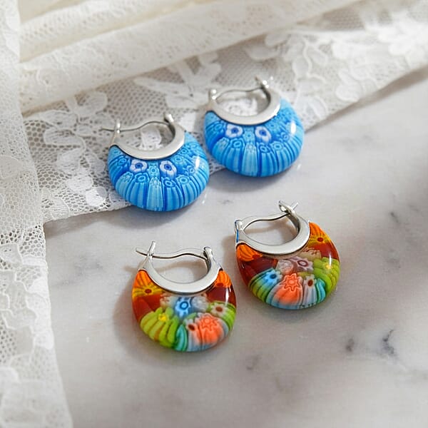 Set Of 2 Multi Color And Blue Color Murano Style Basket Earrings In Stainless Steel (Del. In 10-12 Days)