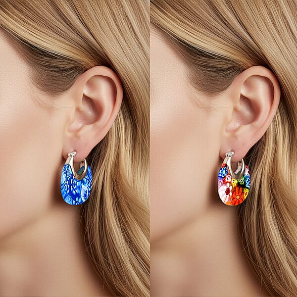 Set Of 2 Multi Color And Blue Color Murano Style Basket Earrings In Stainless Steel (Del. In 10-12 Days)